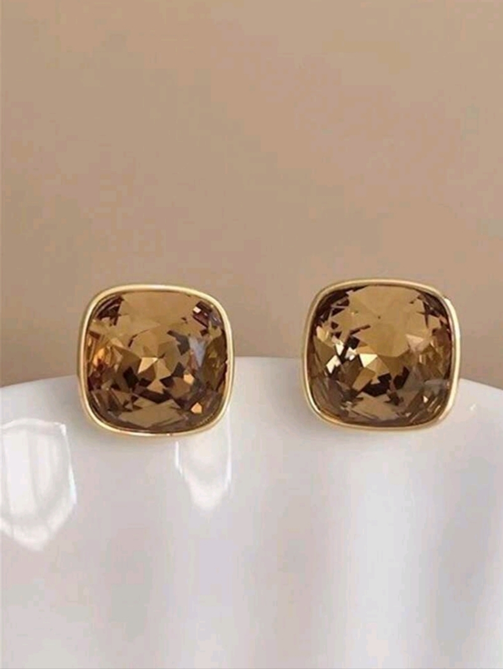 Metal Geometric Square Caramel Crystal Stud Earrings; NWOT
